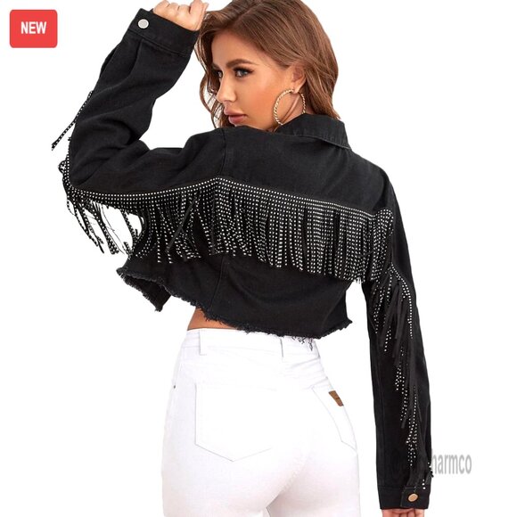 Fringe Tassel Distressed Ripped Crop Denim Jacket